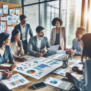 יועץ עסקי לעמותות מסביר לצוות עמותה סביב שולחן ישיבות, עם דוחות וגרפים צבעוניים, בתהליך בניית אסטרטגיה אפקטיבית לשנה הבאה. תמונה המשקפת תכנון, ייעוץ עסקי וצמיחה פיננסית לעמותות.