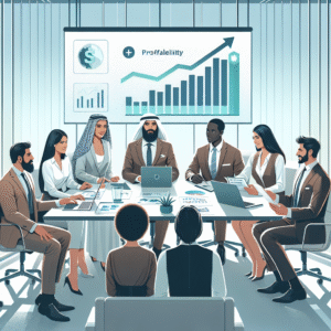מנהלים בישיבת צוות בחדר ישיבות מודרני, בוחנים גרף רווחיות עולה במהלך ייעוץ עסקי לחברות, להעצמת צמיחה והגדלת רווחיות.