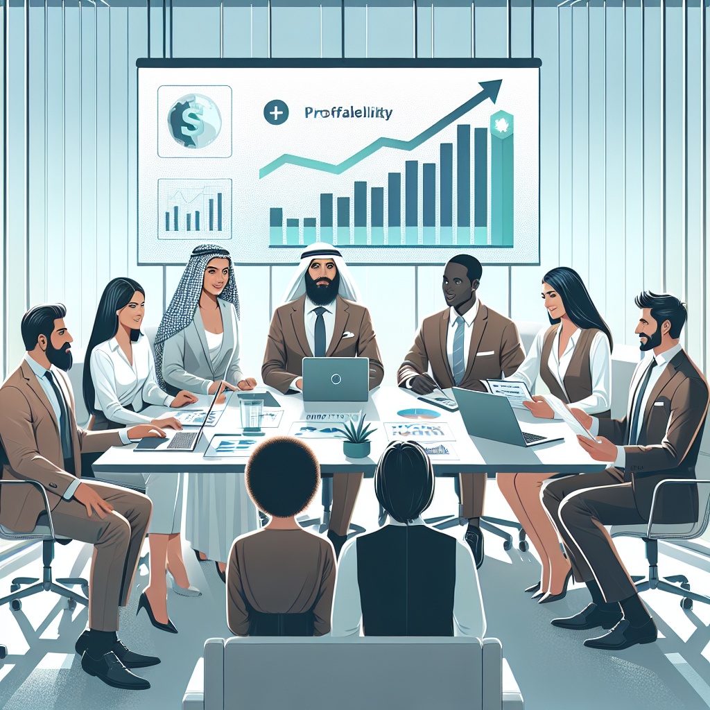 מנהלים בישיבת צוות בחדר ישיבות מודרני, בוחנים גרף רווחיות עולה במהלך ייעוץ עסקי לחברות, להעצמת צמיחה והגדלת רווחיות.