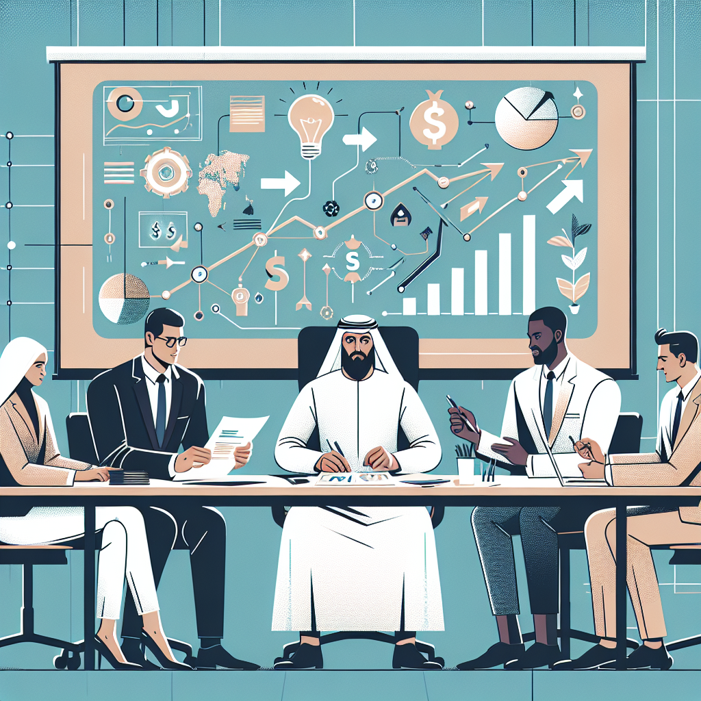 יועץ עסקי יושב עם צוות עמותה סביב שולחן עבודה ודנים בפיתוח כלכלי וארגוני, עם מסמכים ודיאגרמות על השולחן ולוח מחיק מאחוריהם, המסמל תהליך ייעוץ לעמותות בשילוב אסטרטגיות להצלחה.