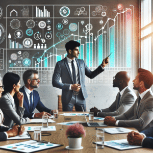 יועץ עסקי מוביל ישיבה עם הנהלת חברה, מציג גרף צמיחה ואסטרטגיה עסקית בשוק תחרותי, מדגיש ייעוץ עסקי מקצועי לחברות ולעמותות.