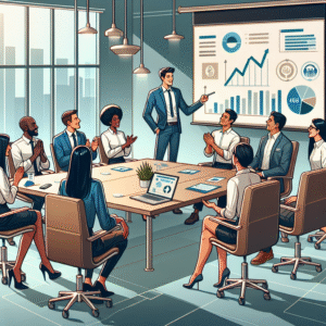 פגישה בין יועץ עסקי למנהלים בחברה, הצגת תוכנית ייעוץ אסטרטגית בלוח מצגות, המשקפת ייעוץ עסקי לחברות ולעמותות להשגת תוצאות וצמיחה