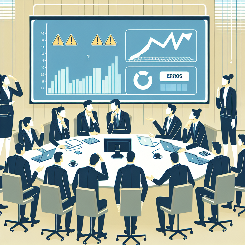 קבוצת אנשי עסקים סביב שולחן ישיבות בוחנים מסך עם גרפים הכוללים סימני שגיאה, ממחישים טעויות נפוצות בתהליך ייעוץ עסקי לחברות.