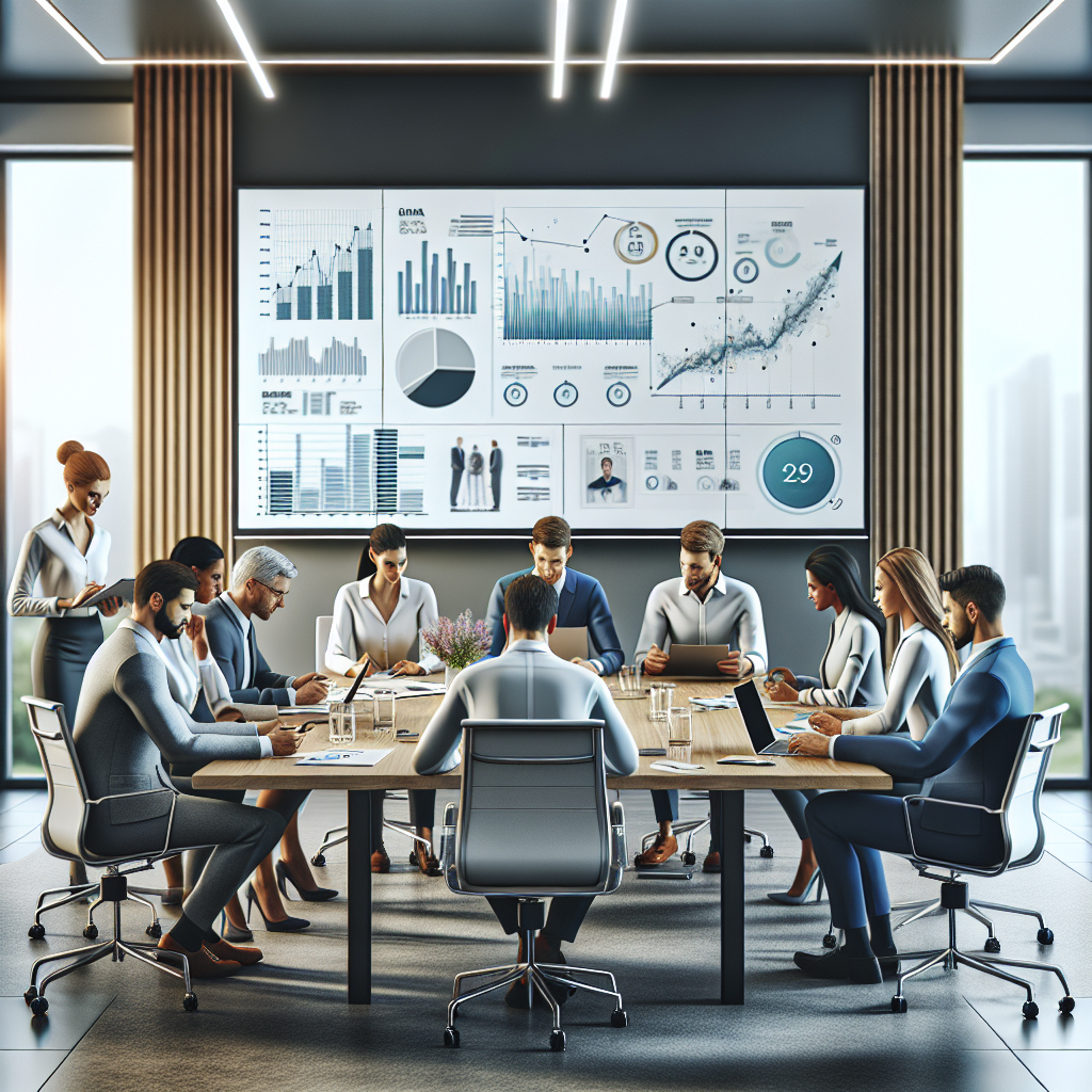 מנהלים ישובים סביב שולחן ישיבות, דנים בדוחות עסקיים ולוח חכם המציג נתונים, מסמלים תהליך ייעוץ עסקי לחברות בדרכם להצלחה עסקית מוכחת.