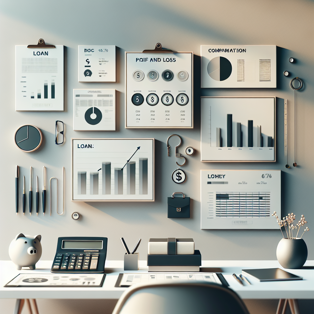 טבלת השוואה של הלוואות לעסקים לצד מחשבון, דוחות כספיים וסמלים של כסף על שולחן עבודה, להמחשת סקירת אפשרויות מימון לעסקים.