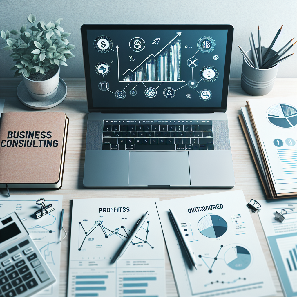 דוחו"ת פיננסיים, מחשב נייד עם גרפים של צמיחה עסקית וסמלים של ייעוץ עסקי וניהול כספים במיקור חוץ על שולחן עבודה מודרני – תמונה מקצועית למאמר על ייעוץ עסקי המעצים רווחיות לעסקים קטנים.