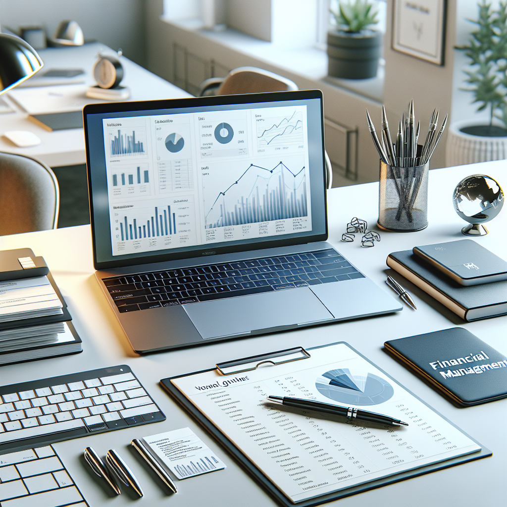 שולחן עבודה מודרני עם מחשב נייד פתוח עליו גרפים פיננסיים, מסמכים ותיקייה ממותגת לניהול כספים, המדגישים ייעוץ עסקי וניהול כספים במיקור חוץ לעסקים קטנים.