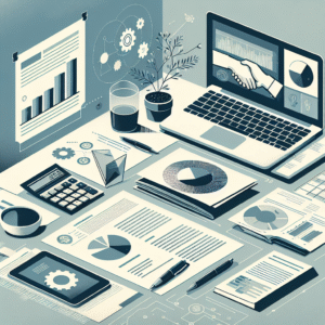 שולחן עבודה מודרני ומאורגן עם מסמכי כספים, מחשב נייד המציג גרפים פיננסיים ומחשבון – מייצג ייעוץ עסקי וניהול כספים במיקור חוץ לעסקים קטנים