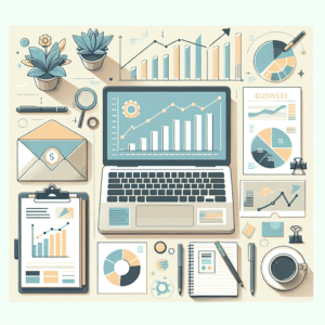 שולחן עבודה עסקי עם מחשב נייד מציג גרפים פיננסיים, מסמכי ניהול וכוס קפה, מסמלים ליווי עסקי, ייעוץ עסקי וניהול כספים לעסקים קטנים.