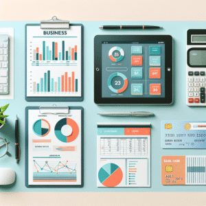 שולחן משרד מודרני עם דוחות כספיים, גרפים צבעוניים, מחשבון וטאבלט פתוח על אפליקציית תכנון תקציב, הממחישים את הדרך הנכונה לצמיחה עסקית, תכנון תקציב ובקרת תזרים בעמותות, פתרונות אשראי וייעוץ פיננסי לעסקים.