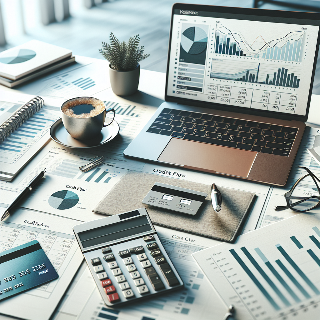 שולחן עבודה משרדי עם דוחות פיננסיים, מחשבון, כרטיס אשראי ומחשב נייד פתוח על גרפים ועקומות תזרים מזומנים – המחשה ויזואלית לפתרונות אשראי לעסקים ותכנון תקציבי מקצועי