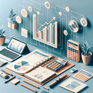 דוח כספי עם גרפים, מחשבון, פנקס חשבונאות וסמל מיקור חוץ על שולחן עבודה – המחשה לניהול כספים יעיל לעמותות במיקור חוץ