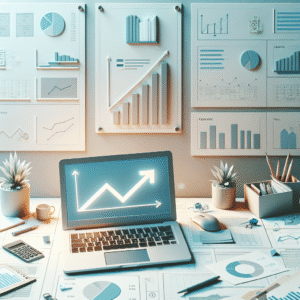 גרפים, מסמכים כלכליים ומחשב נייד עם נתוני עסקים על שולחן משרדי, הממחישים ליווי עסקי וייעוץ עסקי לעסקים קטנים, יועץ כלכלי לניהול כספים ושיפור הצלחה עסקית.